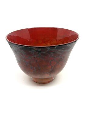 Signed Studio Art Glass Bowl Ruby Amber Cellular Pattern Centerpiece 9” Diameter